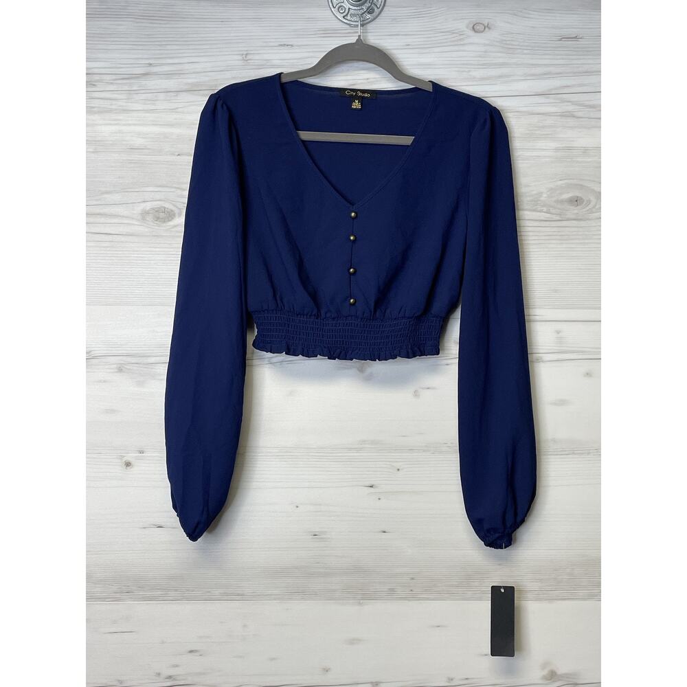 City Studio Blouse Womens Medium Blue Long Sleeve V Neck Smocked Crop Top NWT - Picture 10 of 10